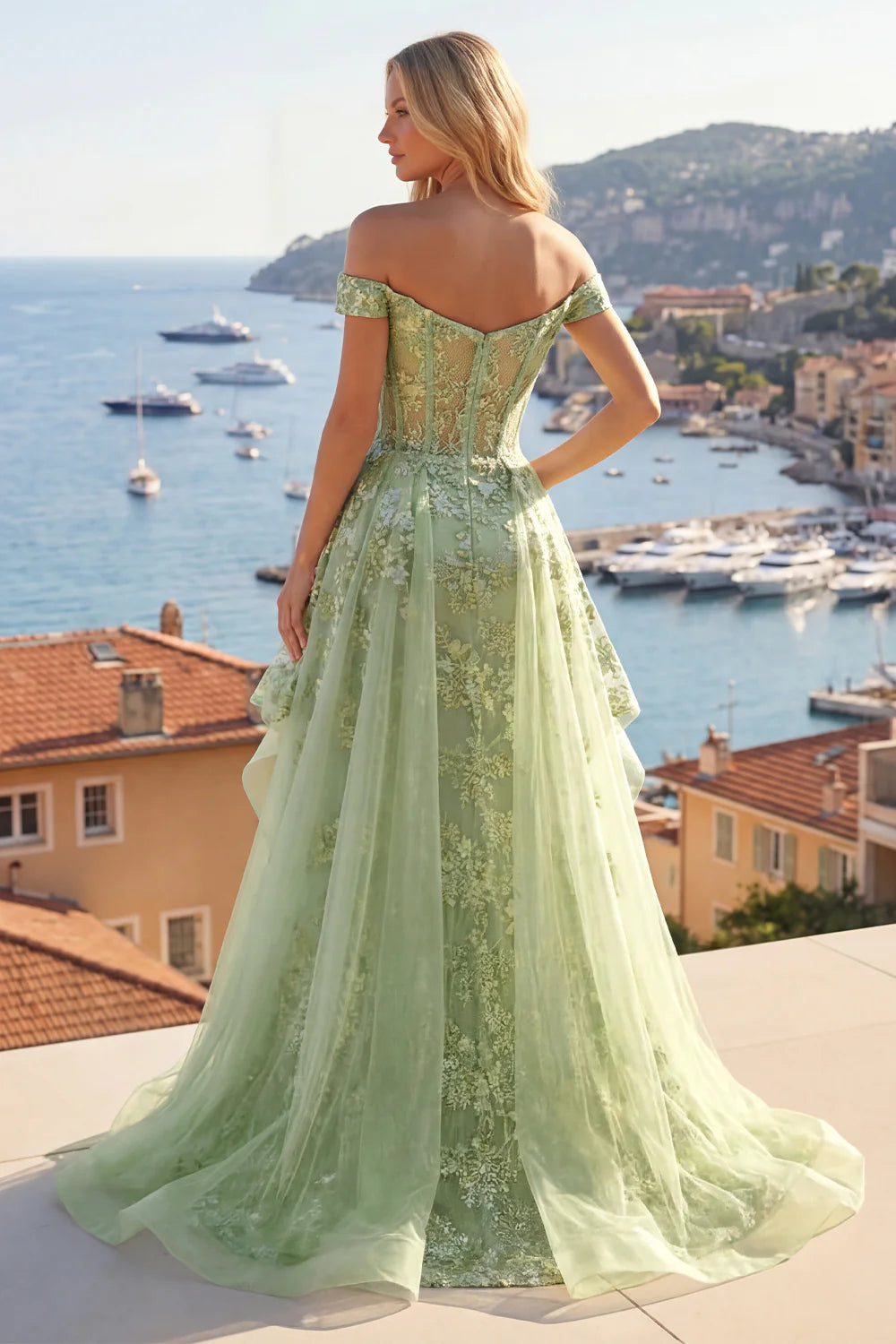 Sage Green Floral Lace Off-the-Shoulder Tiered Evening Dresses