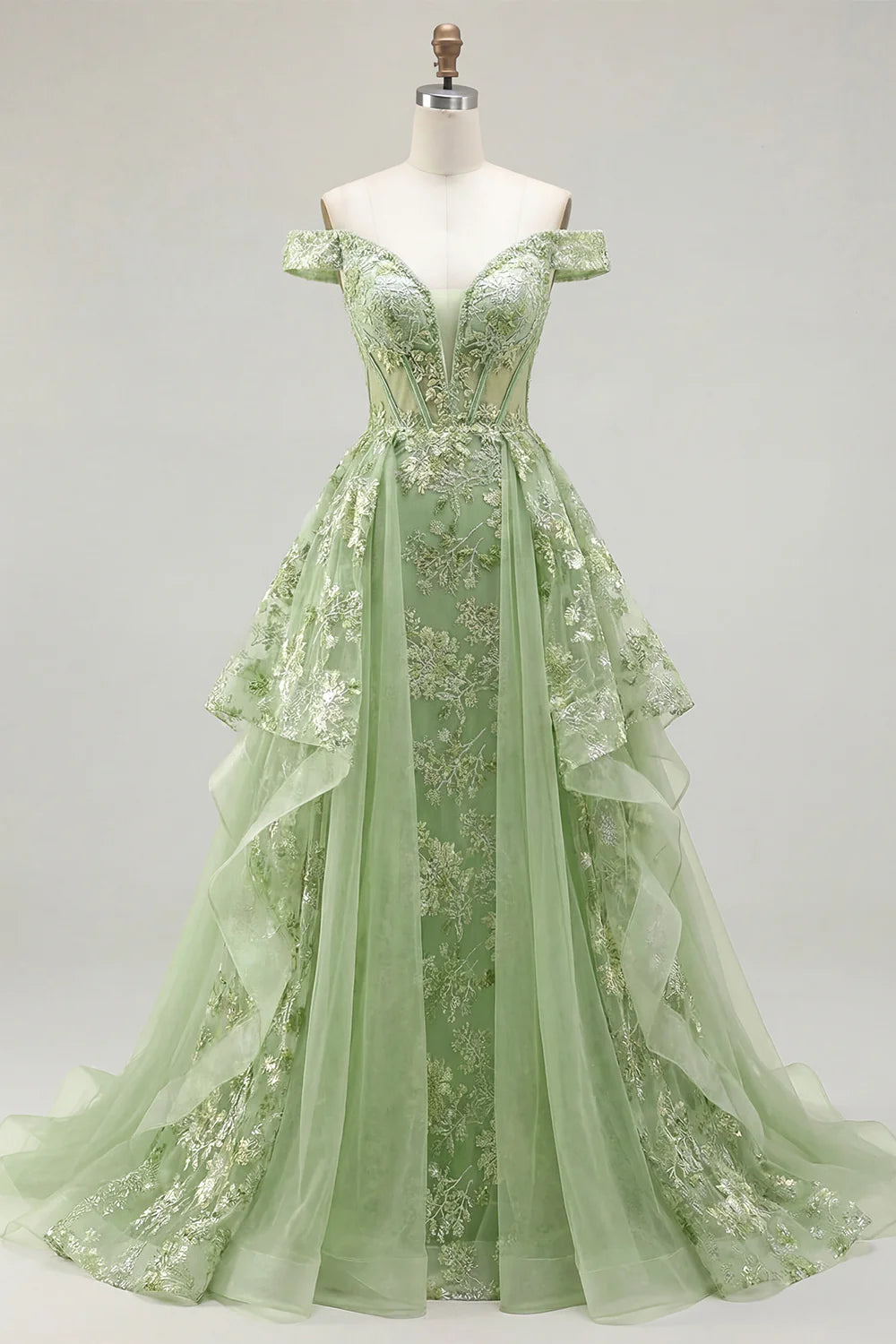 Sage Green Floral Lace Off-the-Shoulder Tiered Evening Dresses