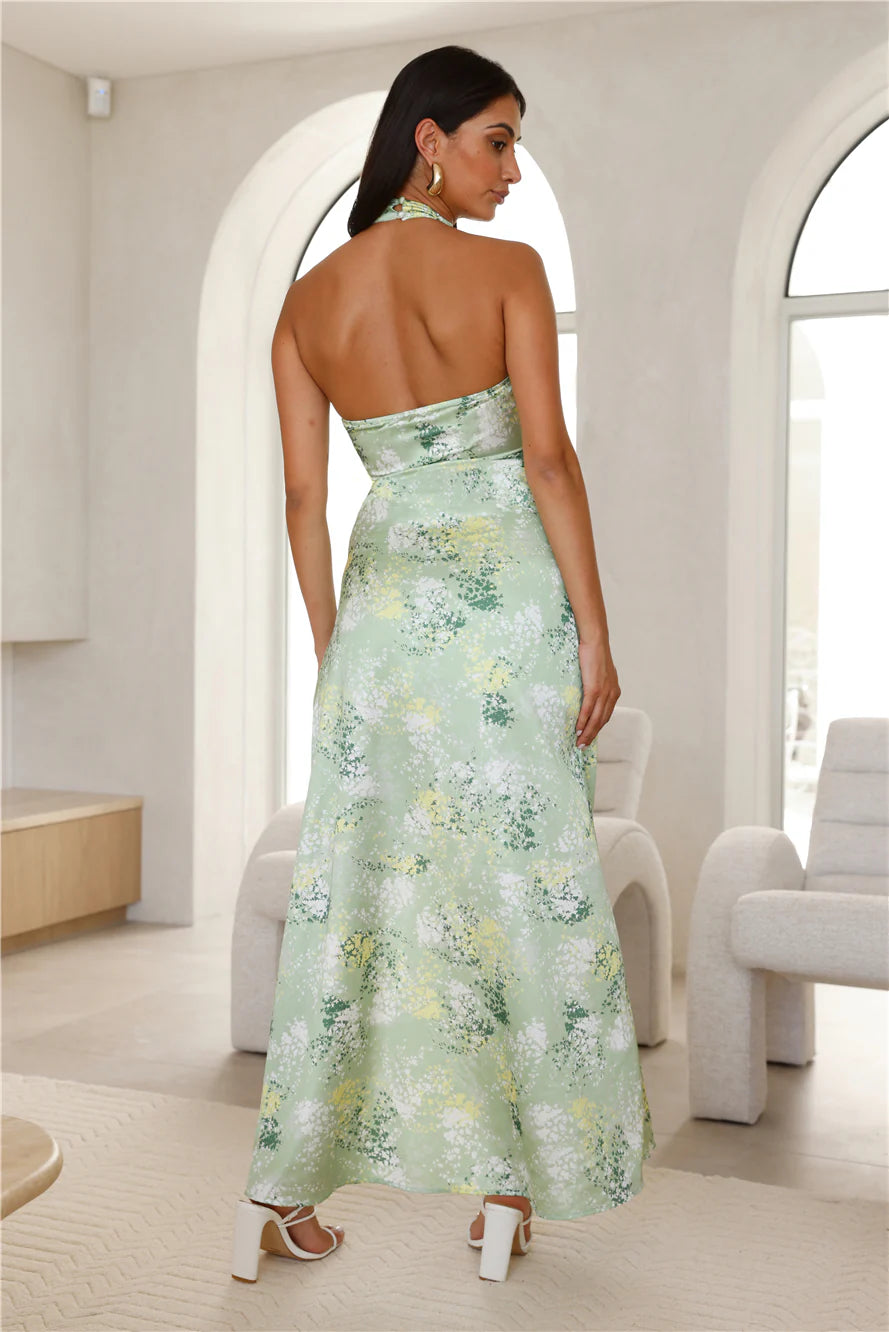 Sage Green Floral Print Satin Halter Neck High Slit Maxi Evening Dresses