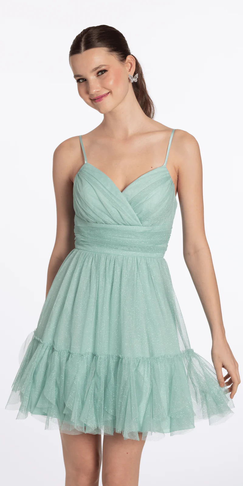 Sage Green Glitter Tulle Lace Up Back Sweetheart A-Line Mini Dress Homecoming Dresses