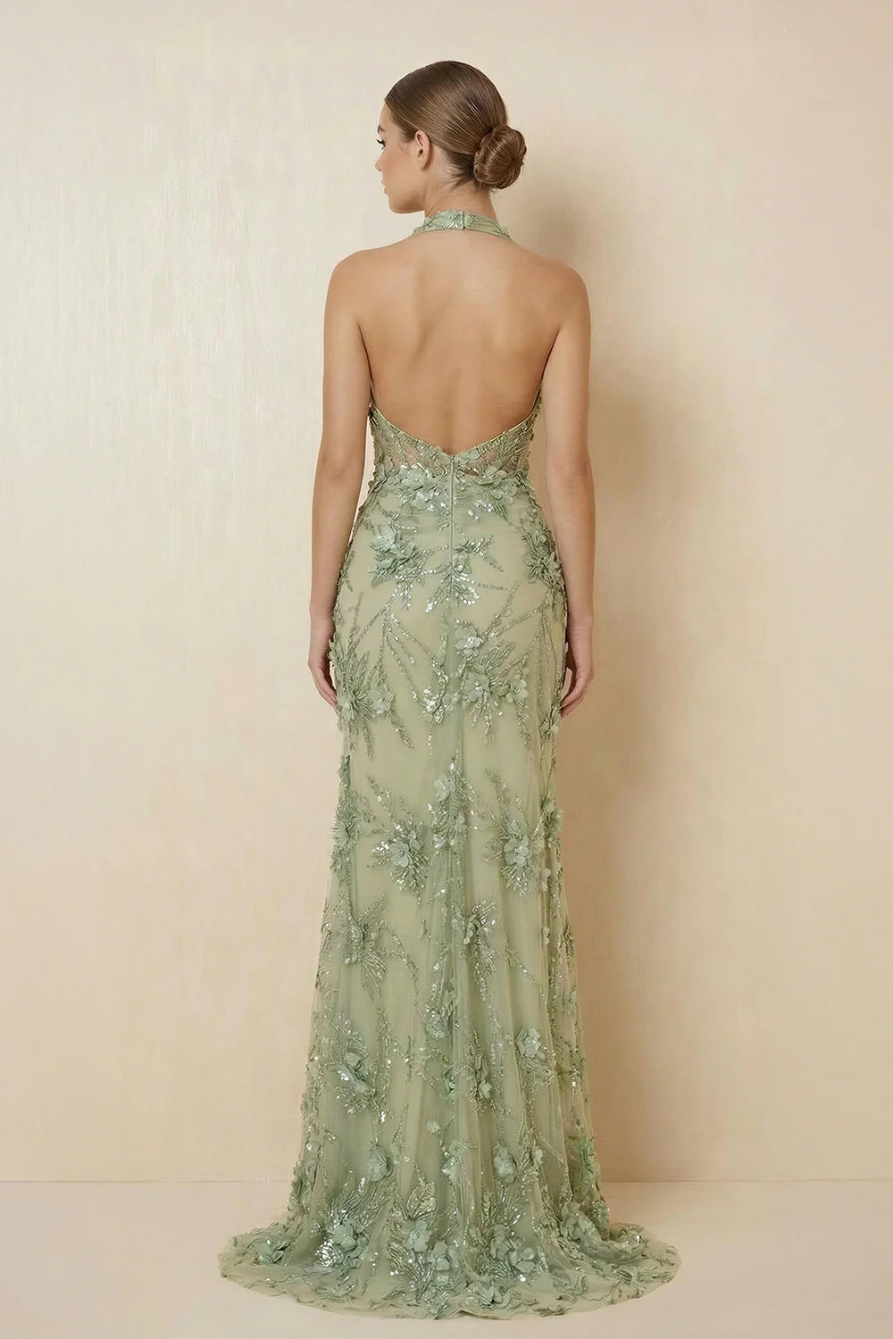 Sage Green Halter Neck Floral Embellished Evening Dresses