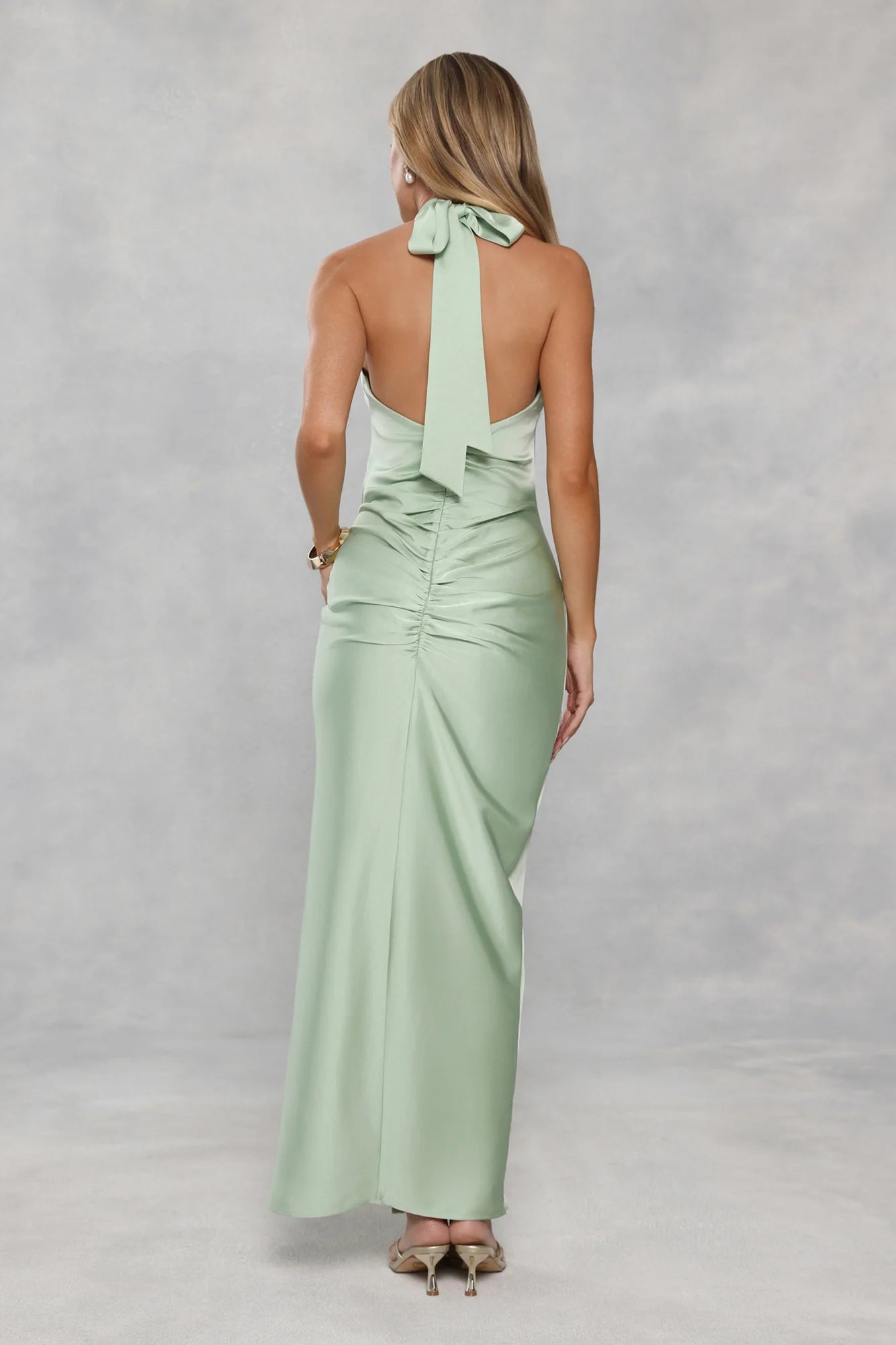 Sage Green Halter Neck Knot Front Satin Evening Dress