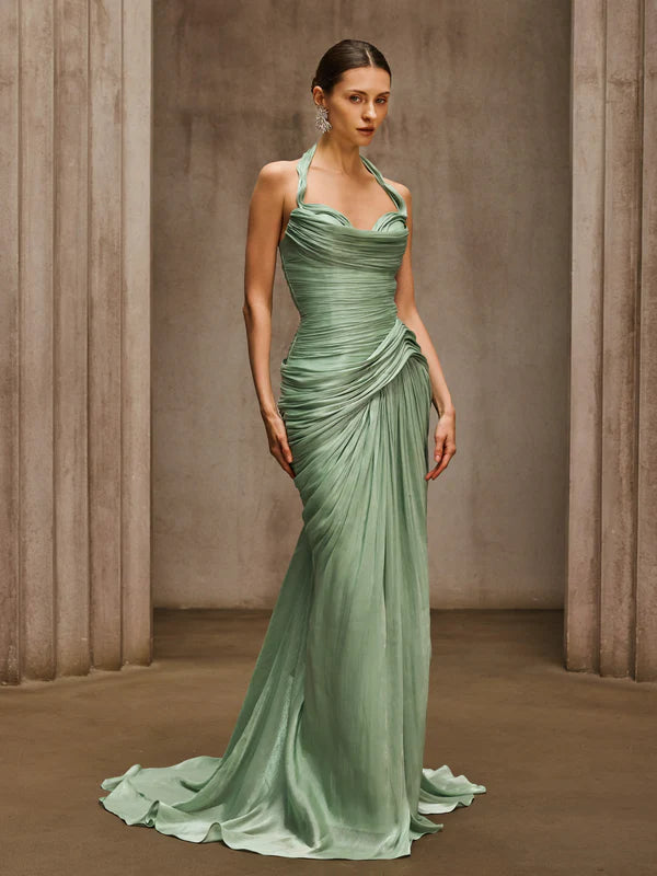 Sage Green Halter Neck Ruched Mermaid Evening Dresses