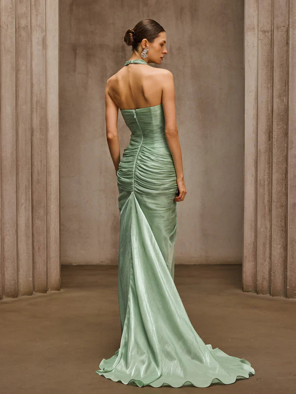 Sage Green Halter Neck Ruched Mermaid Evening Dresses