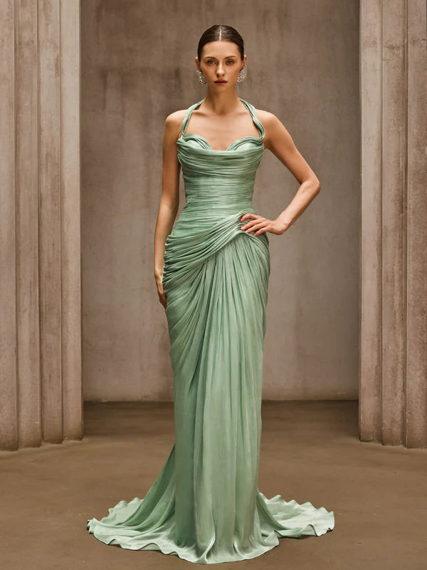 Sage Green Halter Neck Ruched Mermaid Evening Dresses