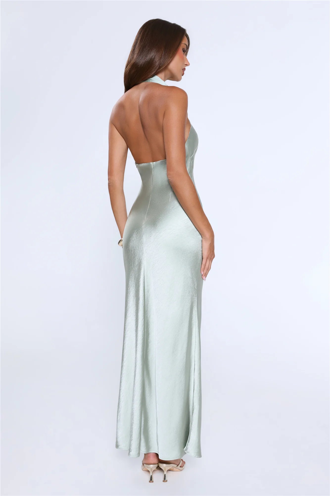 Sage Green Halter Neck Satin Evening Maxi Dress with Drape Detail