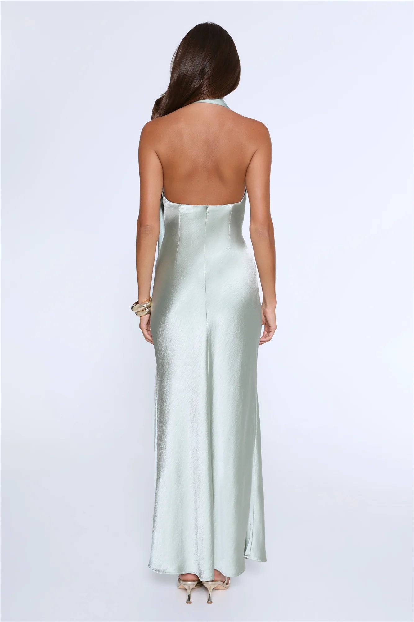 Sage Green Halter Neck Satin Evening Maxi Dress with Drape Detail
