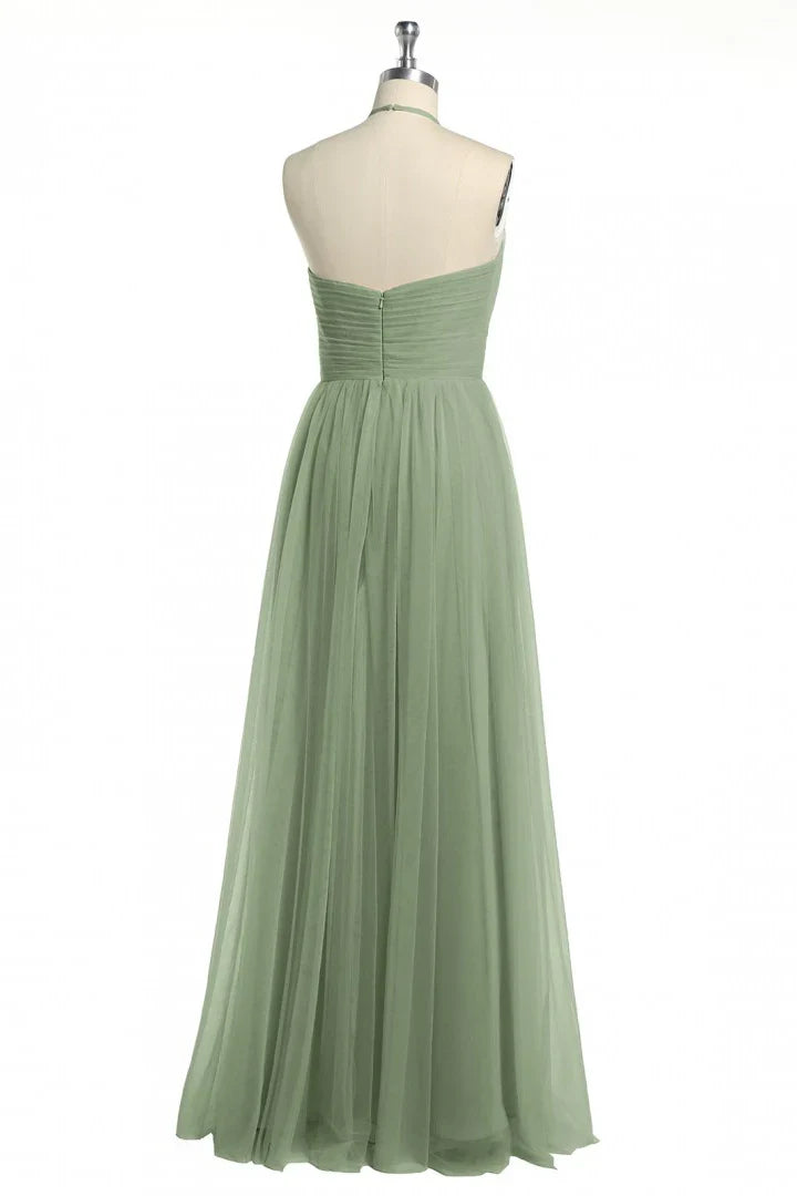 Sage Green Halter Neck Tulle Maxi Prom Dress with Pleated Bodice