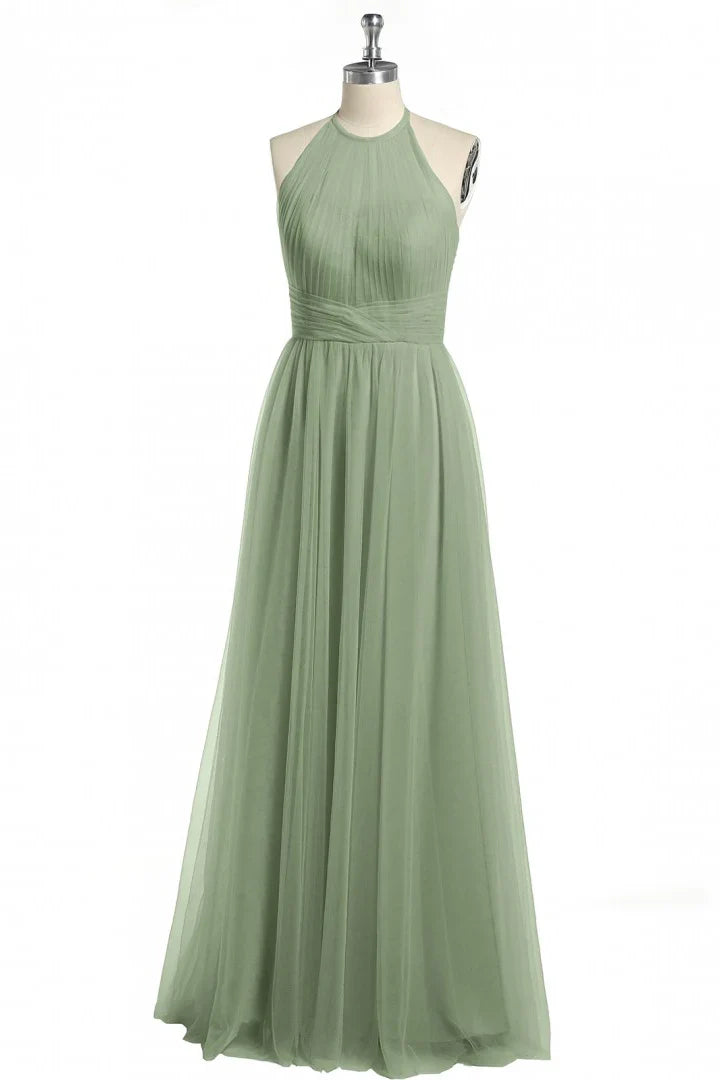 Sage Green Halter Neck Tulle Maxi Prom Dress with Pleated Bodice