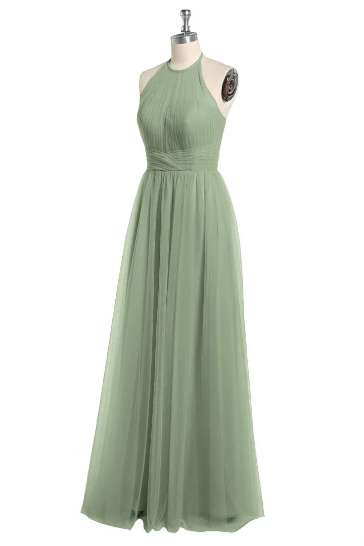 Sage Green Halter Neck Tulle Maxi Prom Dress with Pleated Bodice