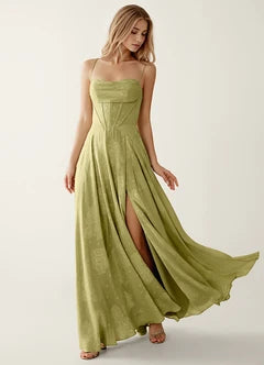 Sage Green Jacquard Spaghetti Strap Corset A-Line Evening Dresses
