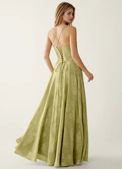 Sage Green Jacquard Spaghetti Strap Corset A-Line Evening Dresses