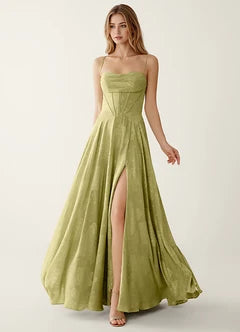 Sage Green Jacquard Spaghetti Strap Corset A-Line Evening Dresses