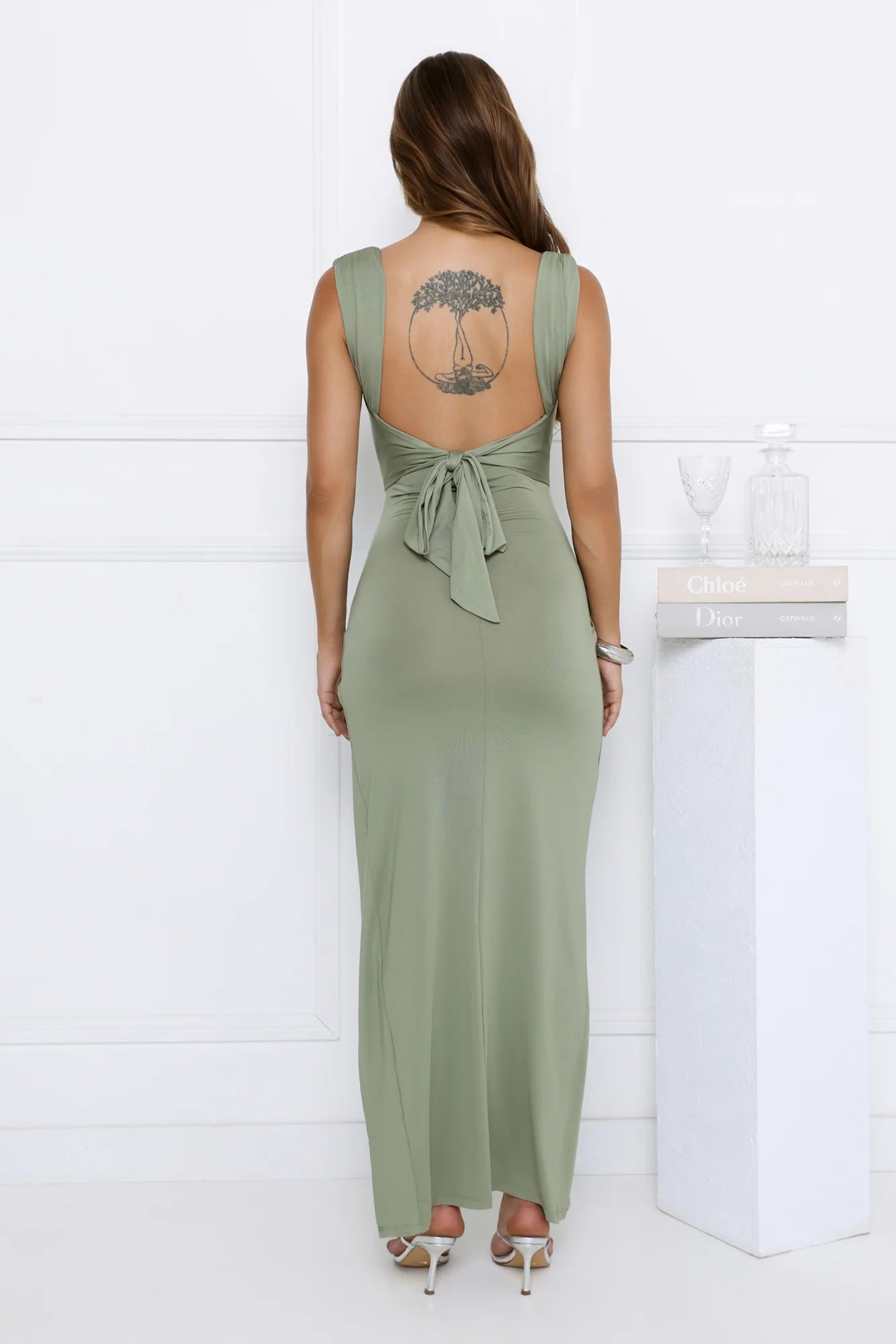 Sage Green Jersey Cowl Neck Backless Tie Ruched Slit Maxi Evening Dresses