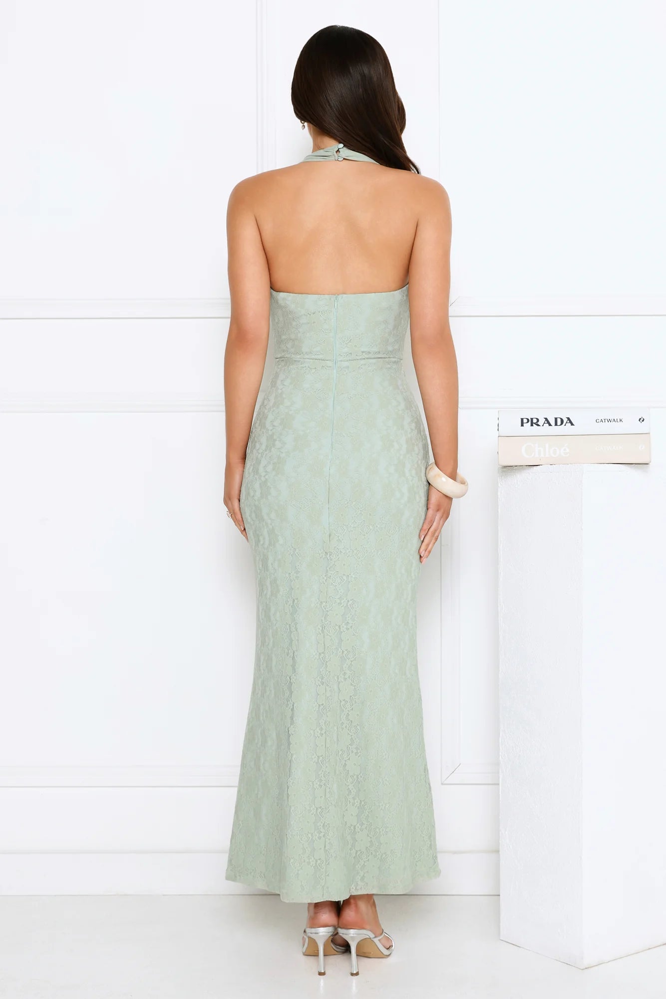 Sage Green Lace Halter Neck Maxi Evening Dresses with Ruched Waist Sash