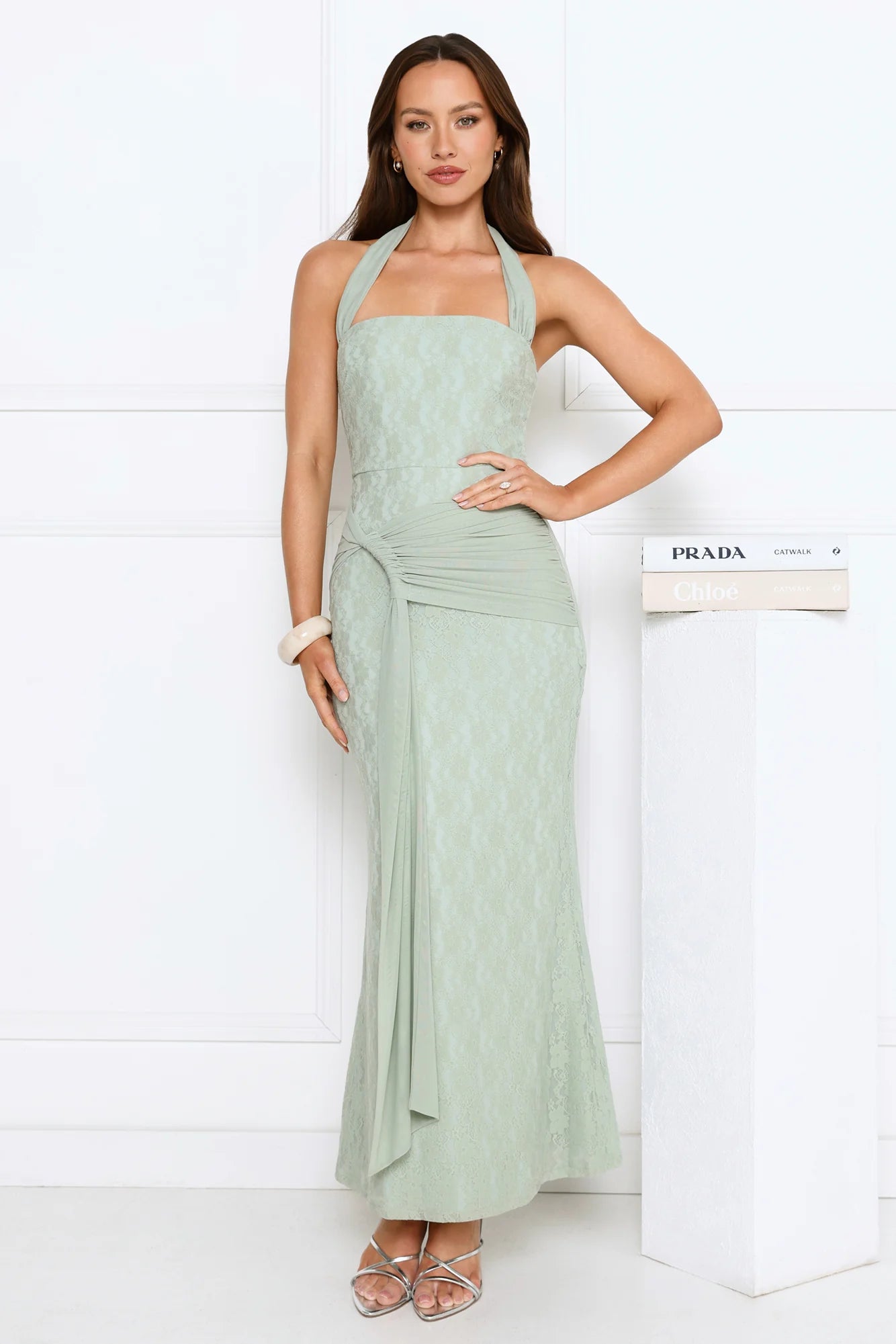 Sage Green Lace Halter Neck Maxi Evening Dresses with Ruched Waist Sash
