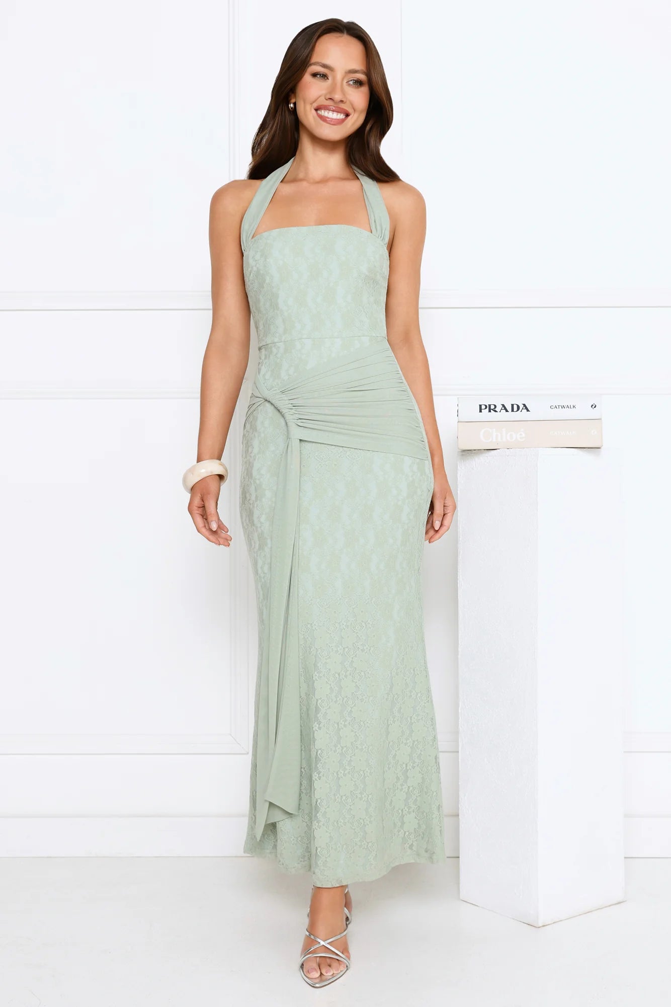 Sage Green Lace Halter Neck Maxi Evening Dresses with Ruched Waist Sash