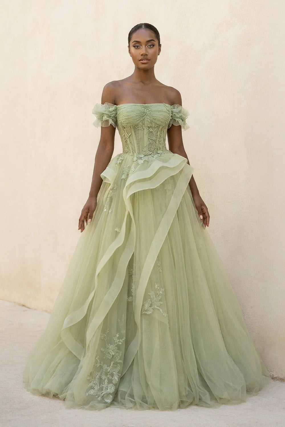 Sage Green Off-the-Shoulder Corset Ball Gown Evening Dresses