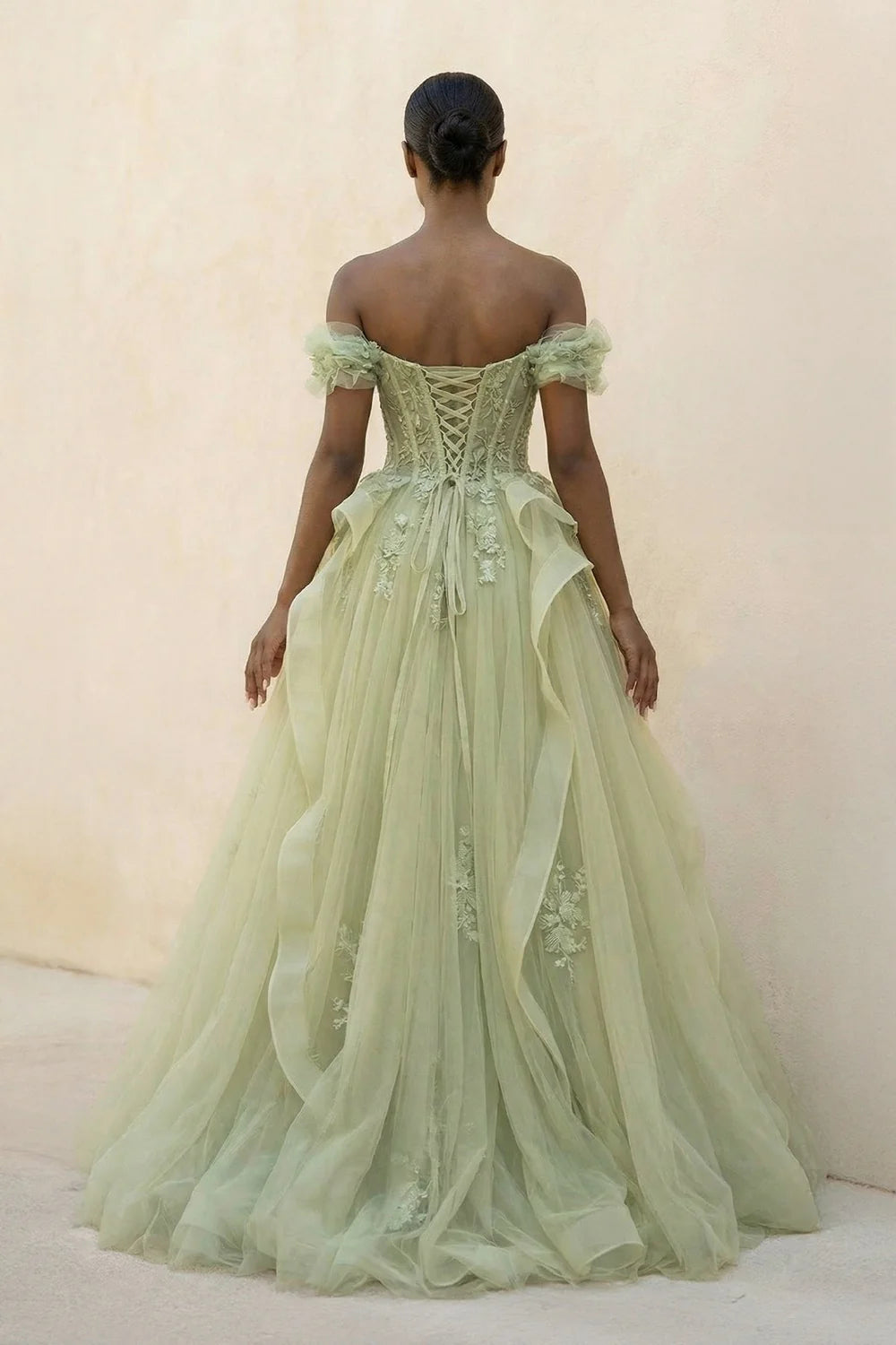 Sage Green Off-the-Shoulder Corset Ball Gown Evening Dresses