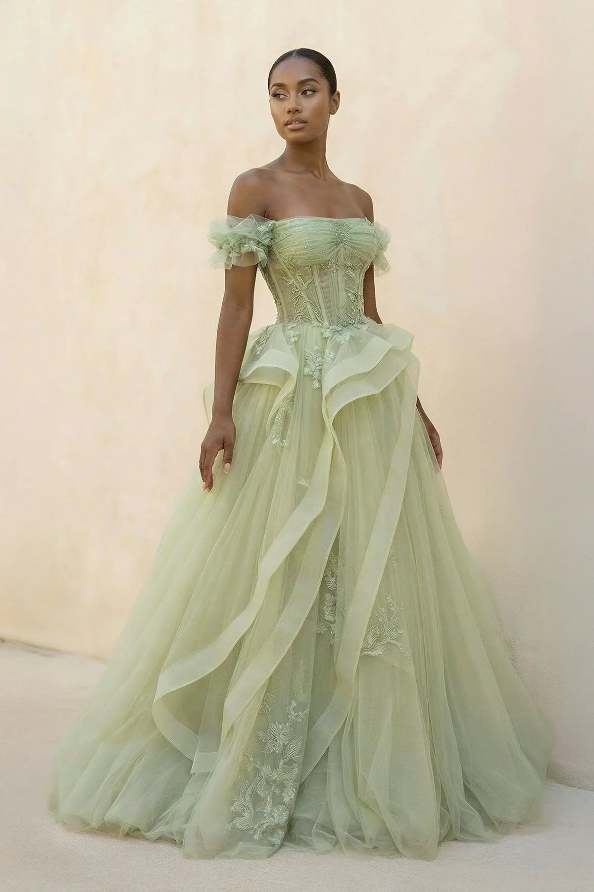 Sage Green Off-the-Shoulder Corset Ball Gown Evening Dresses