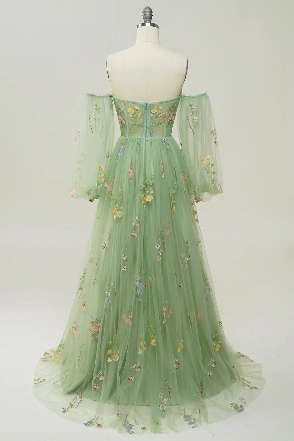 Sage Green Off-the-Shoulder Puff Sleeve Floral Embroidery Evening Dresses