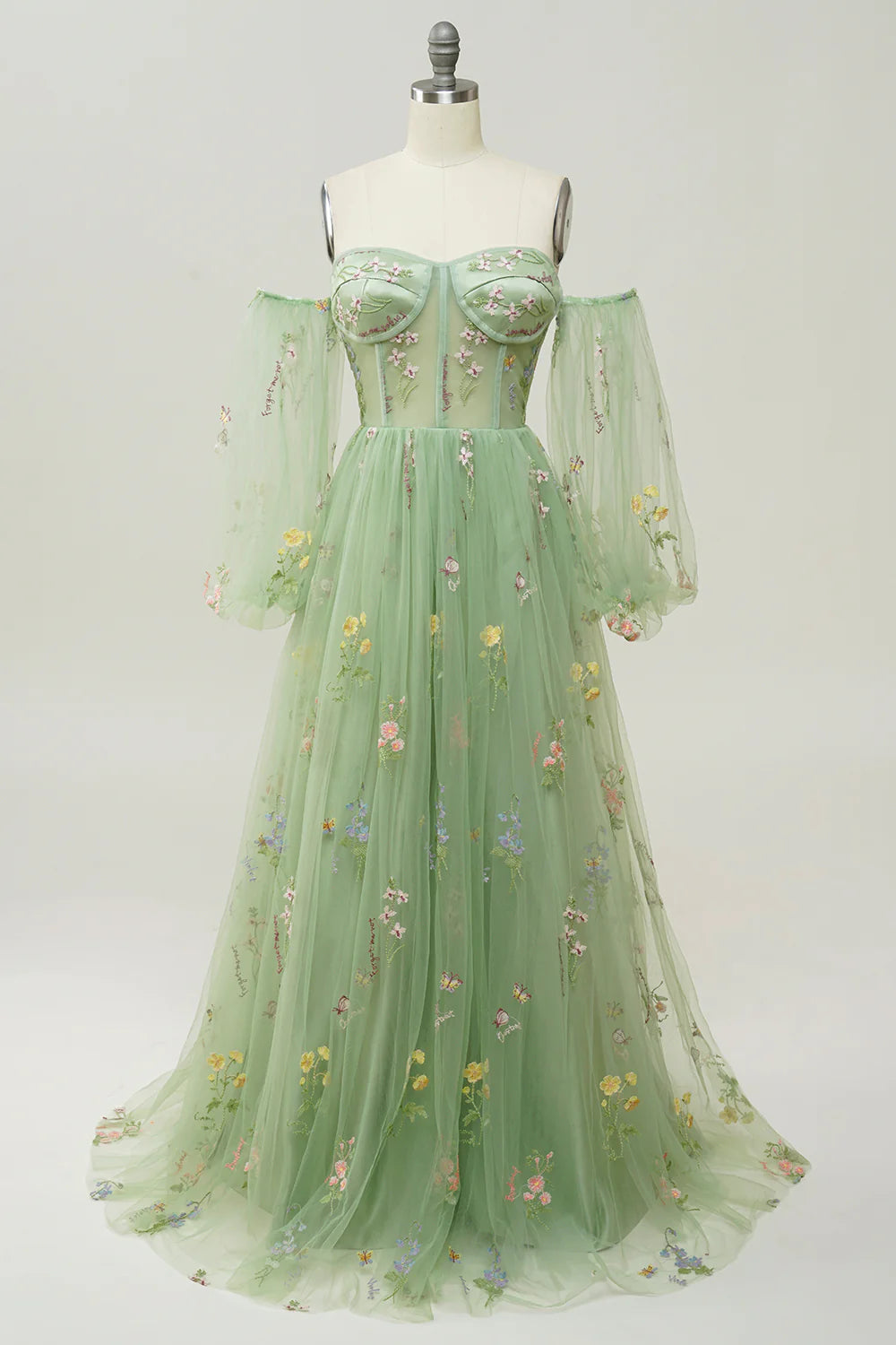 Sage Green Off-the-Shoulder Puff Sleeve Floral Embroidery Evening Dresses