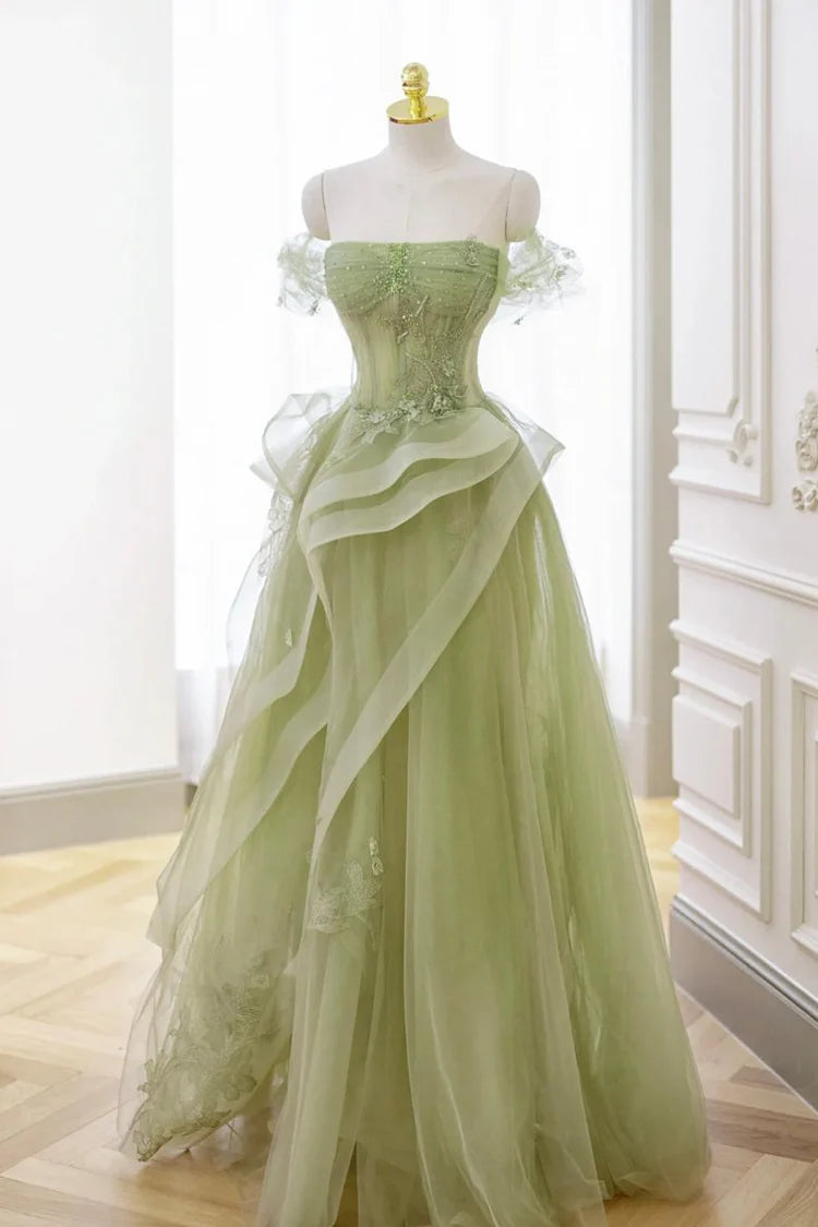 Sage Green Off-the-Shoulder Ruffle Evening Dresses