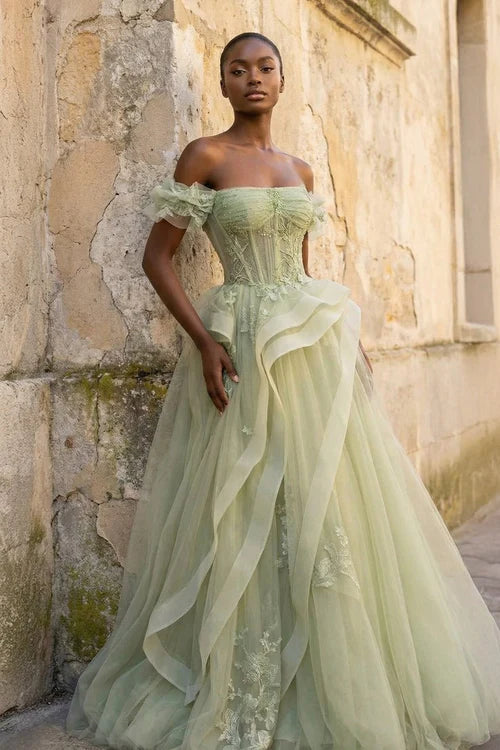 Sage Green Off-the-Shoulder Ruffle Evening Dresses