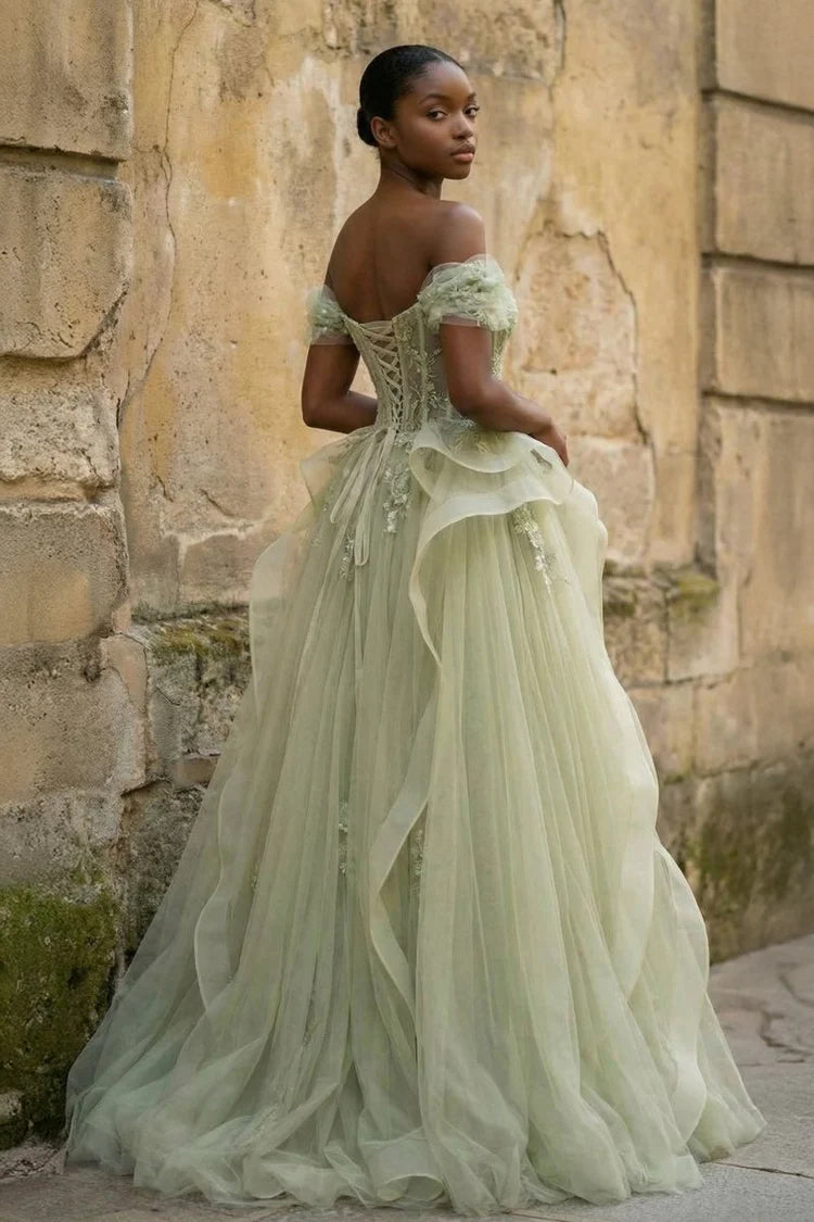 Sage Green Off-the-Shoulder Ruffle Evening Dresses