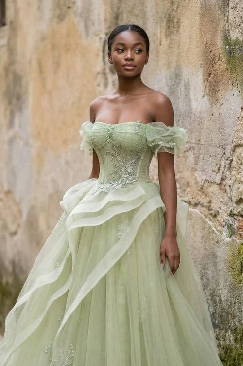 Sage Green Off-the-Shoulder Ruffle Evening Dresses