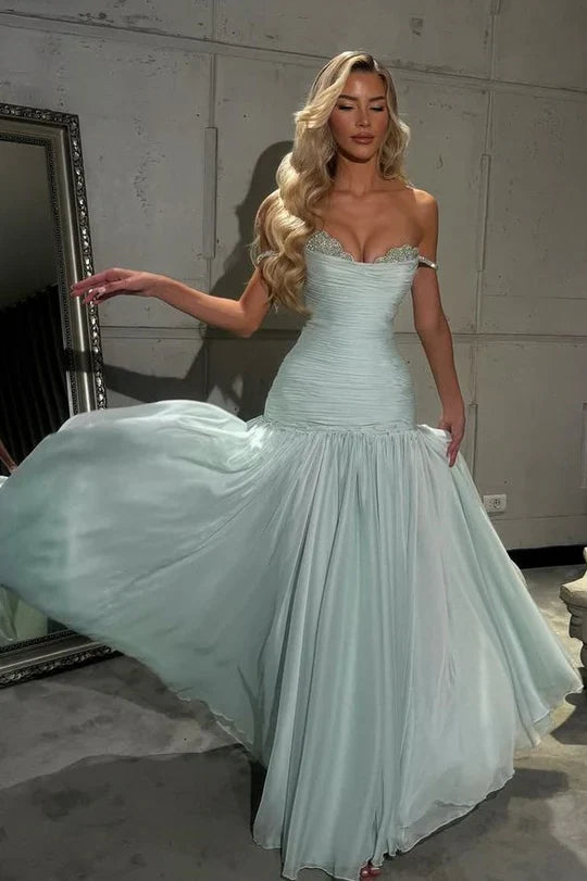Sage Green Off Shoulder Beaded Mermaid Chiffon Maxi Dress For Prom
