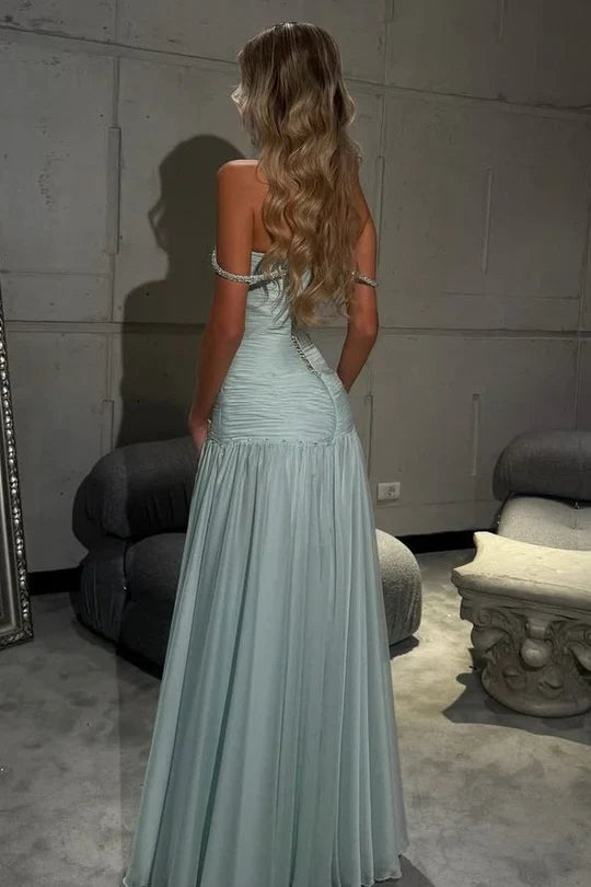 Sage Green Off Shoulder Beaded Mermaid Chiffon Maxi Dress For Prom