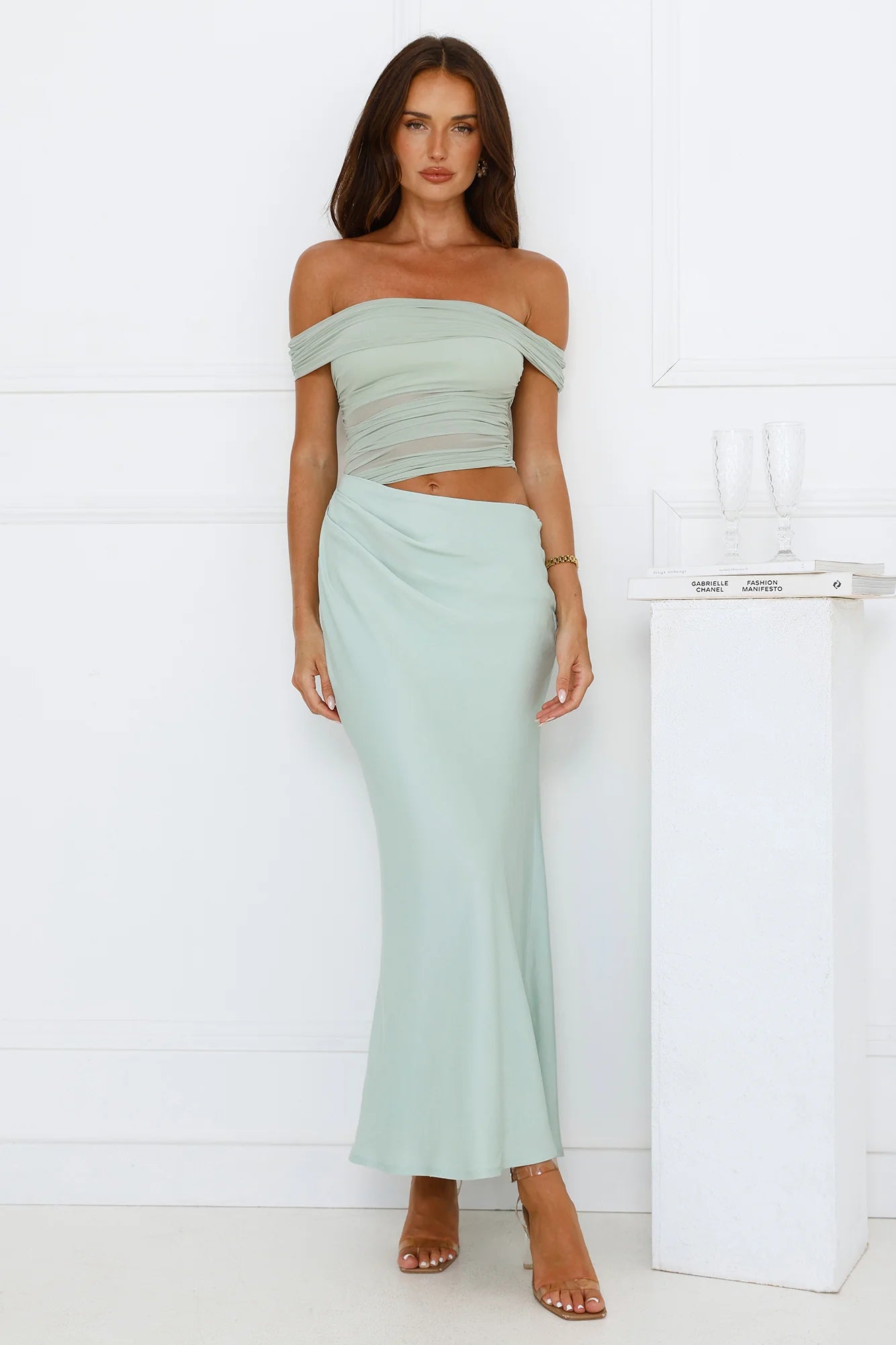 Sage Green Off Shoulder Mesh Insert Two Piece Maxi Dresses