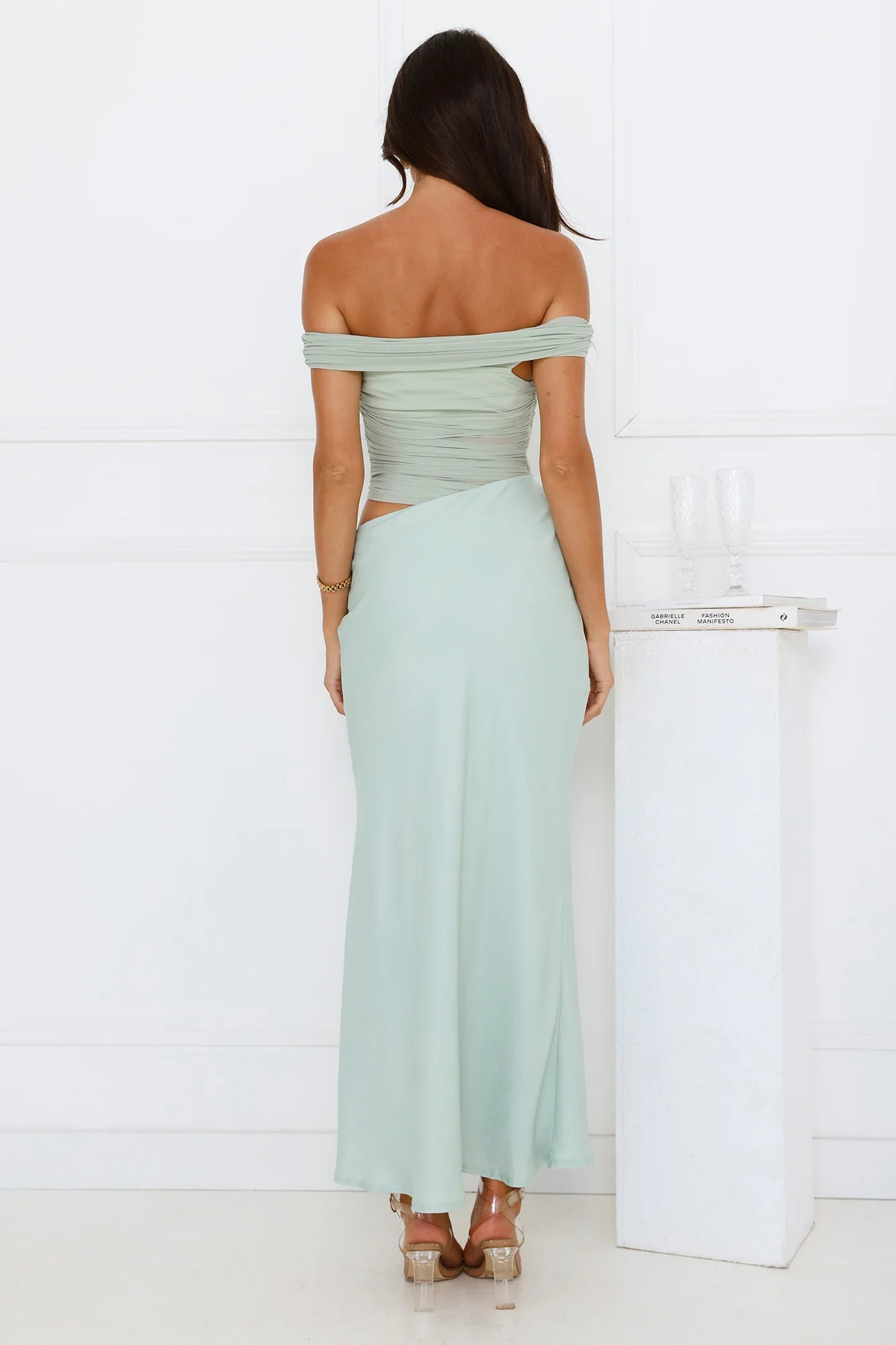 Sage Green Off Shoulder Mesh Insert Two Piece Maxi Dresses