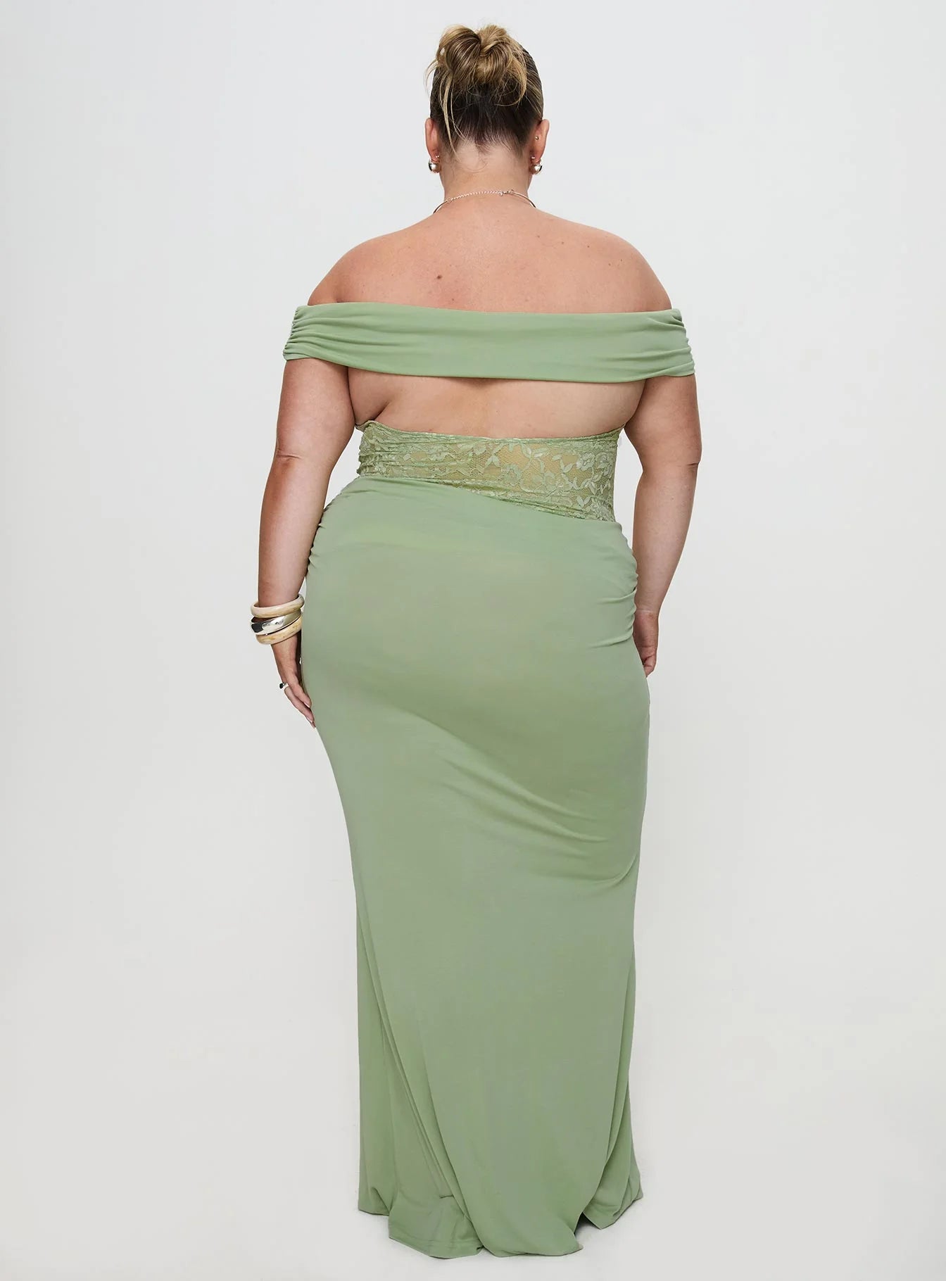Sage Green Off The Shoulder Lace Insert Bodycon Maxi Dress Homecoming Dresses