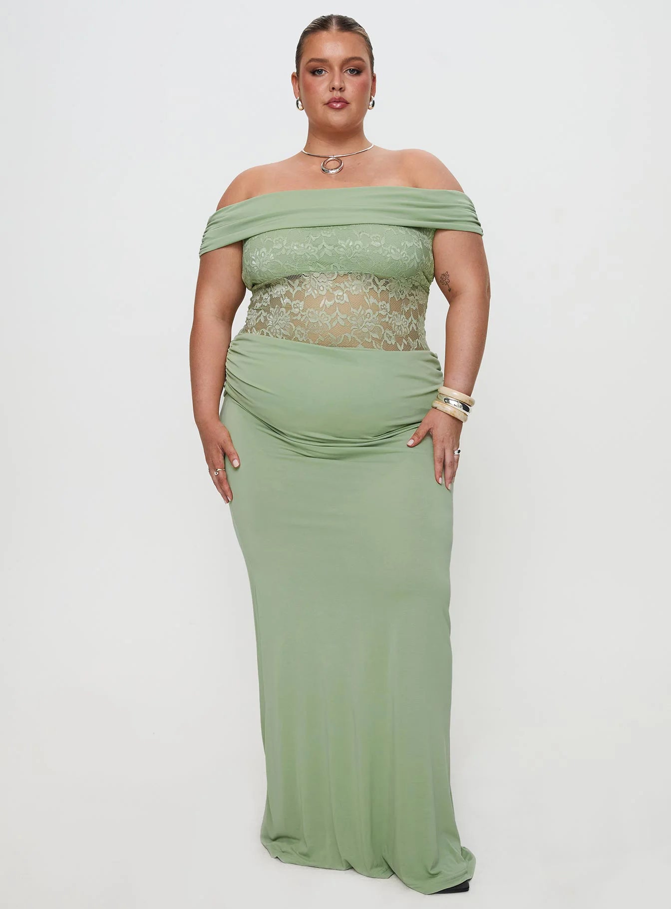 Sage Green Off The Shoulder Lace Insert Bodycon Maxi Dress Homecoming Dresses