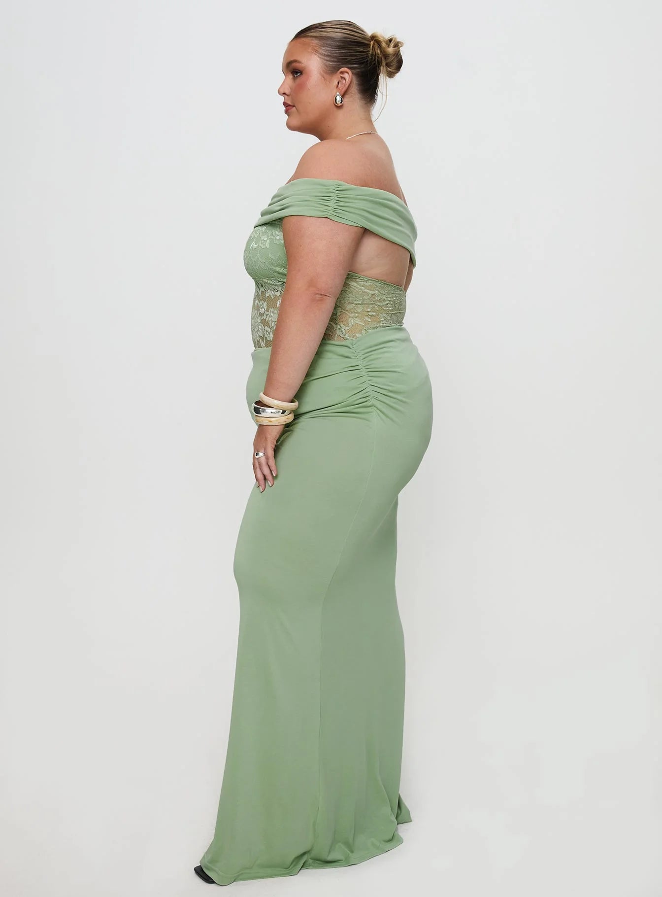 Sage Green Off The Shoulder Lace Insert Bodycon Maxi Dress Homecoming Dresses