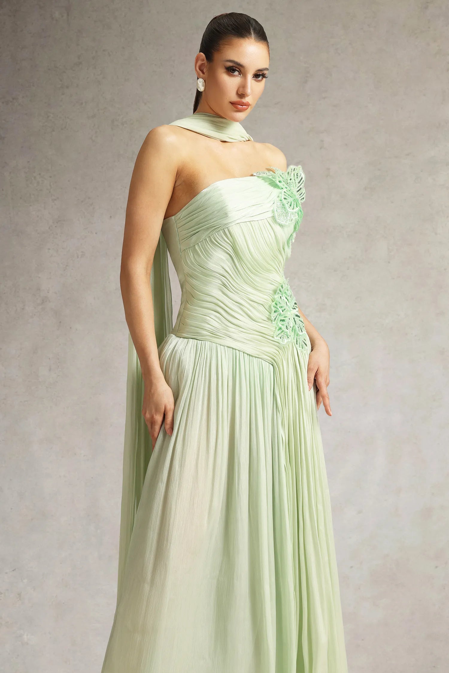 Sage Green One-Shoulder 3D Floral Applique Draped Scarf High Slit Maxi Evening Dresses