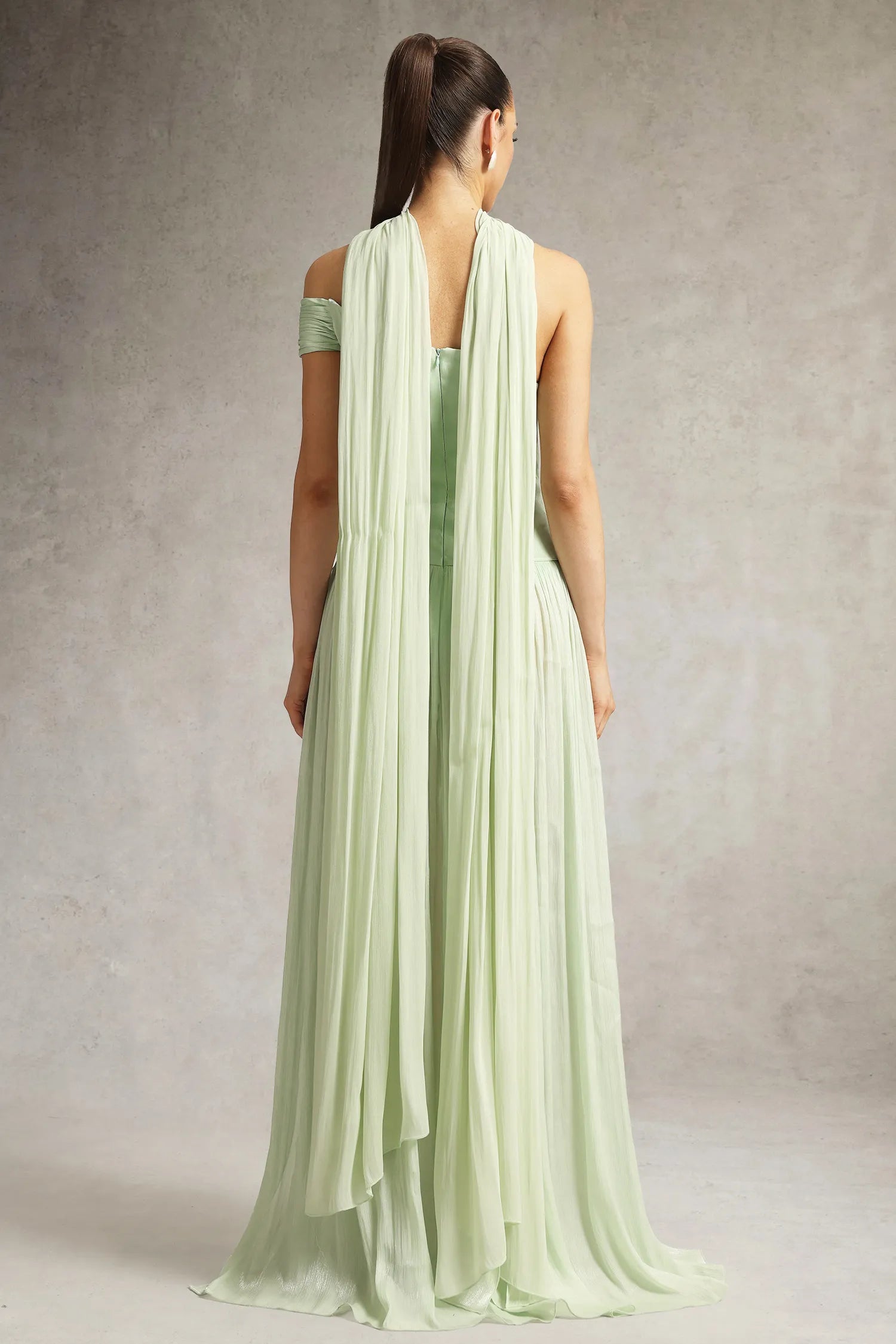 Sage Green One-Shoulder 3D Floral Applique Draped Scarf High Slit Maxi Evening Dresses