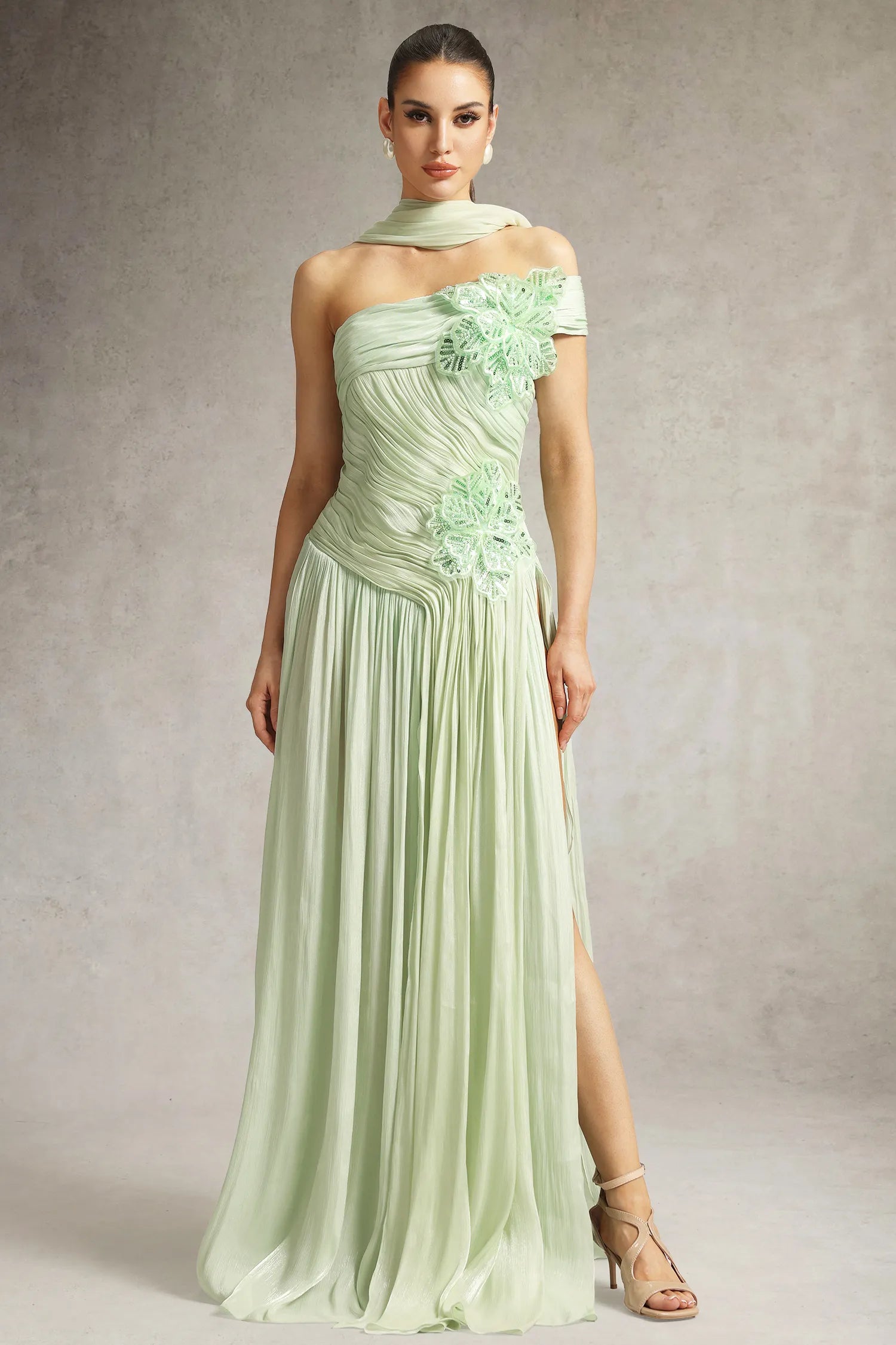 Sage Green One-Shoulder 3D Floral Applique Draped Scarf High Slit Maxi Evening Dresses