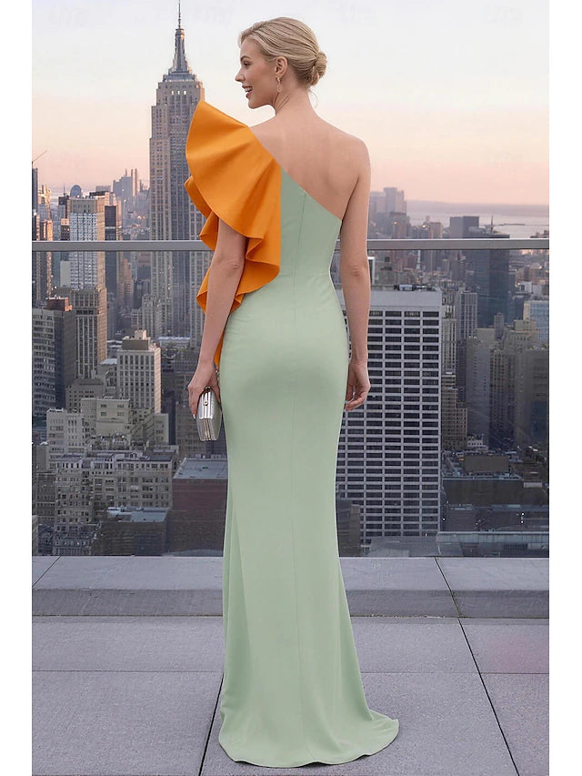 Sage Green One-Shoulder Ruffle Slit Evening Dresses
