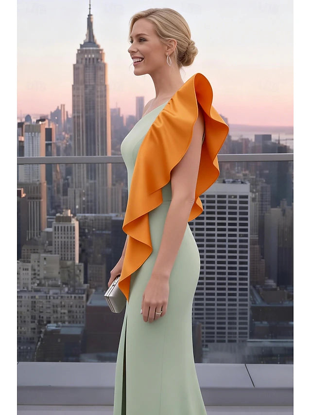Sage Green One-Shoulder Ruffle Slit Evening Dresses