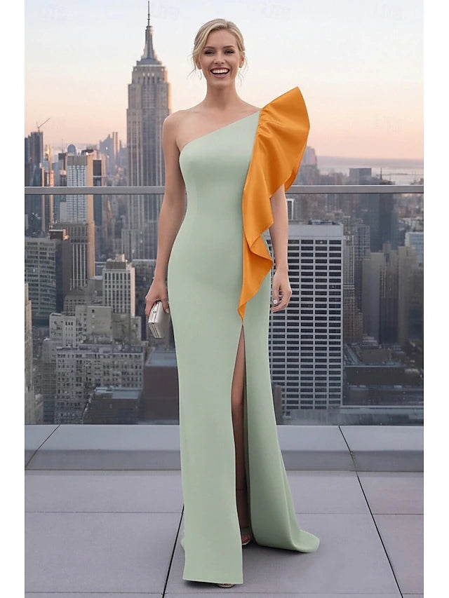 Sage Green One-Shoulder Ruffle Slit Evening Dresses