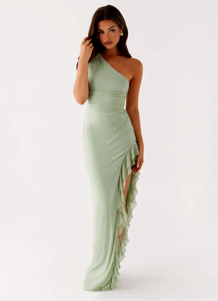Sage Green One Shoulder Ruched Ruffle Maxi Prom Dress For Elegant Formal Evening Events
