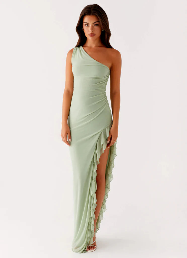 Sage Green One Shoulder Ruched Ruffle Maxi Prom Dress For Elegant Formal Evening Events