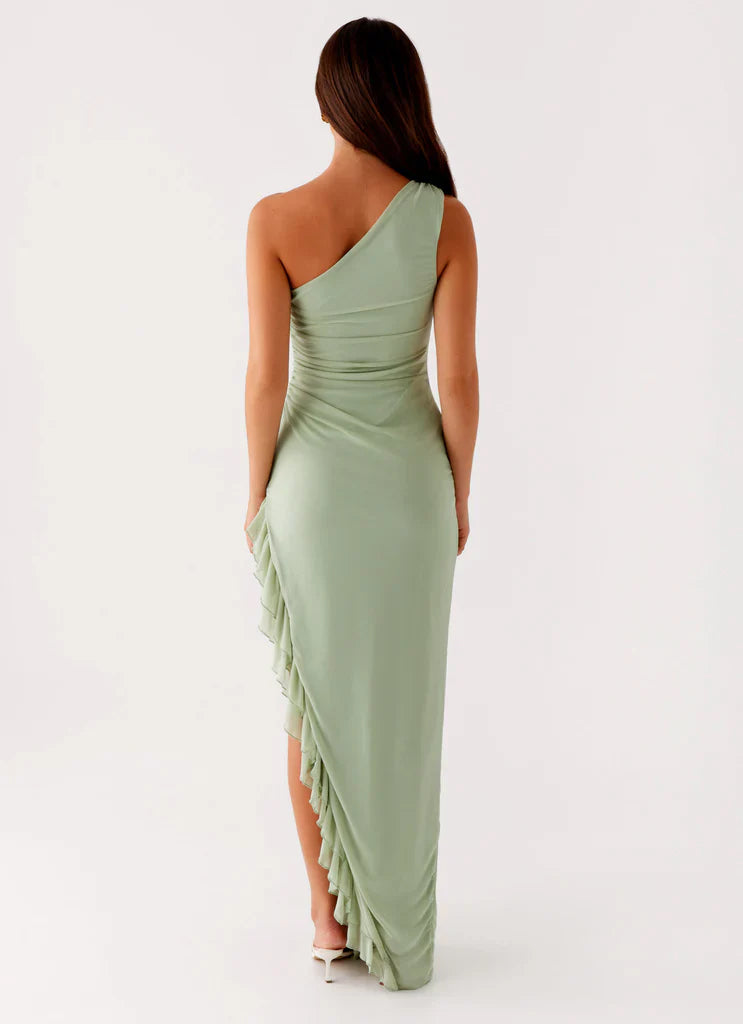 Sage Green One Shoulder Ruched Ruffle Maxi Prom Dress For Elegant Formal Evening Events