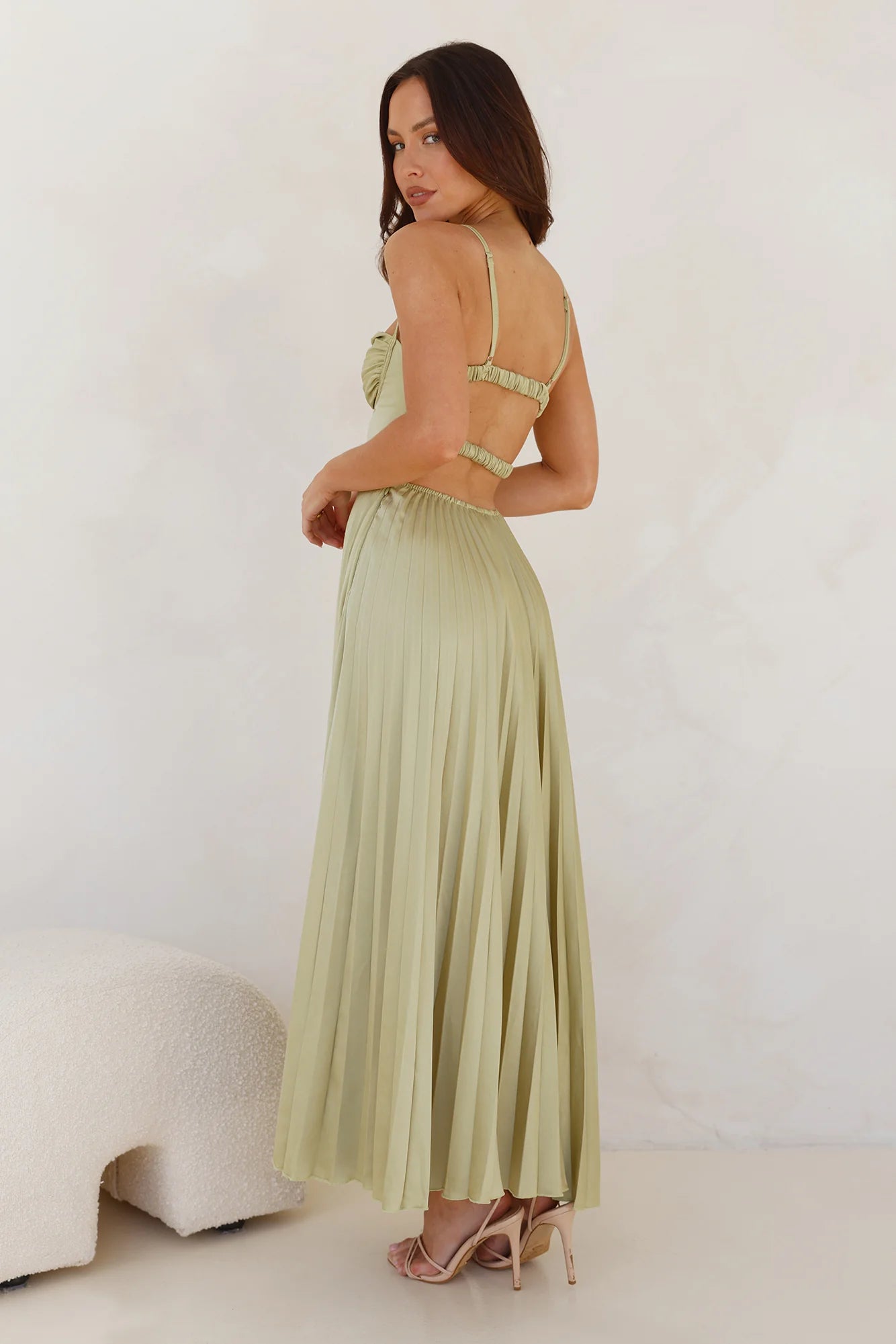 Sage Green Ruched Bust Cutout Pleated Midi Evening Dresses