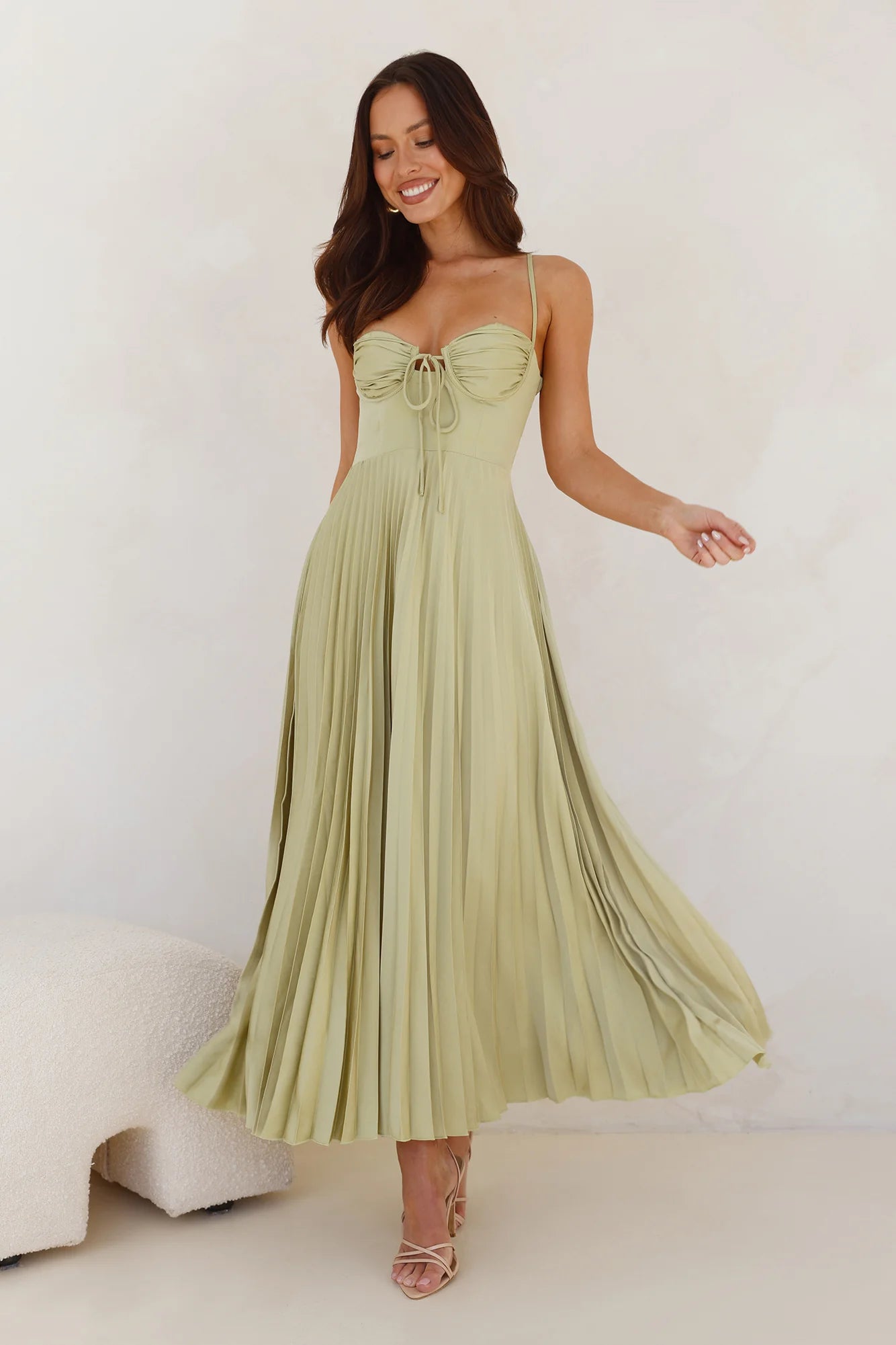 Sage Green Ruched Bust Cutout Pleated Midi Evening Dresses
