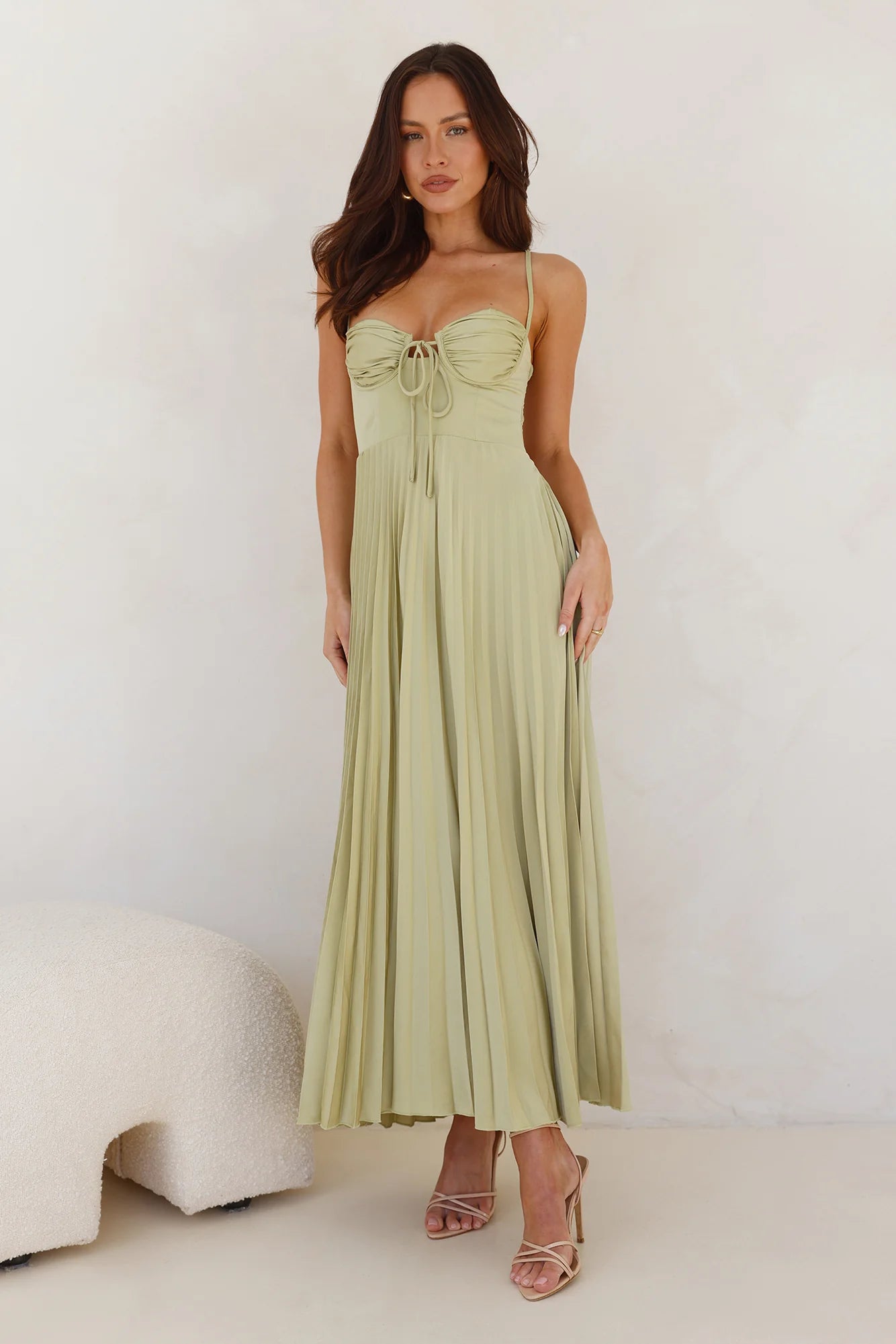 Sage Green Ruched Bust Cutout Pleated Midi Evening Dresses