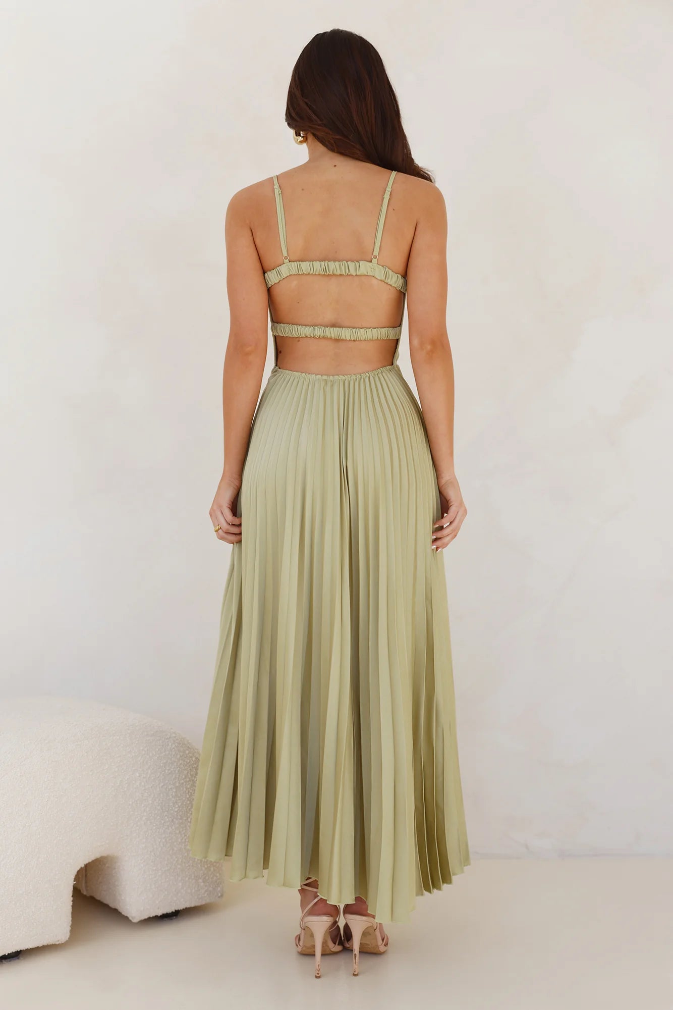 Sage Green Ruched Bust Cutout Pleated Midi Evening Dresses